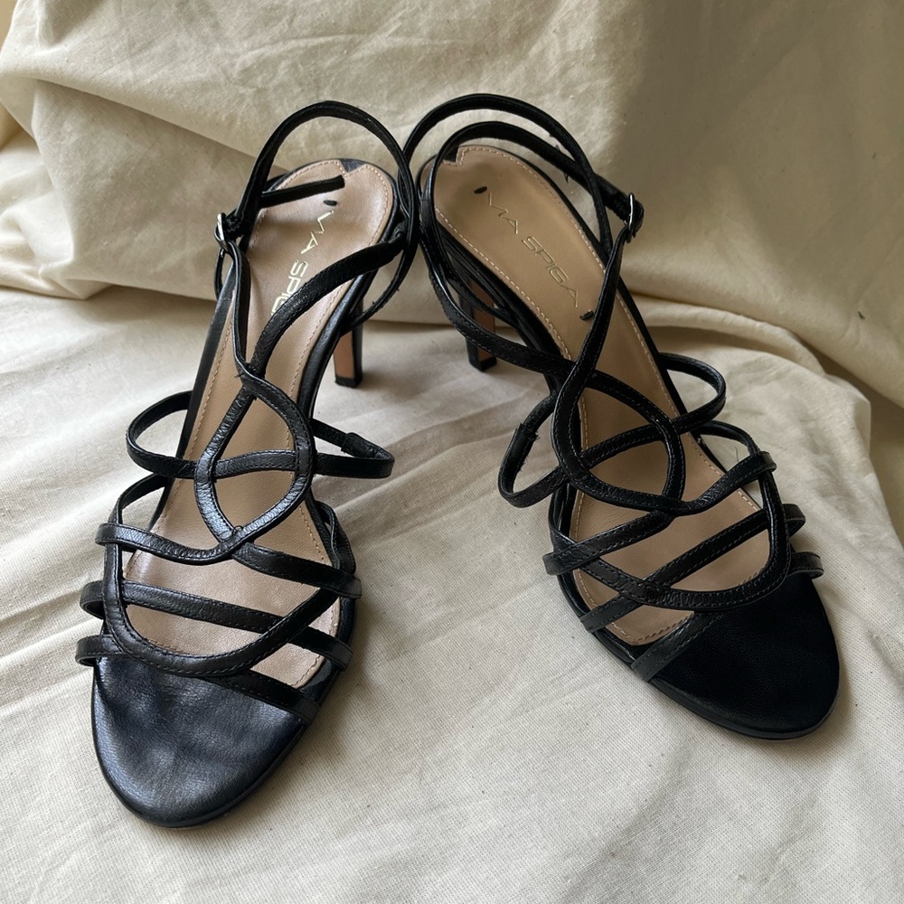 Via Spiga black leather strappy heels